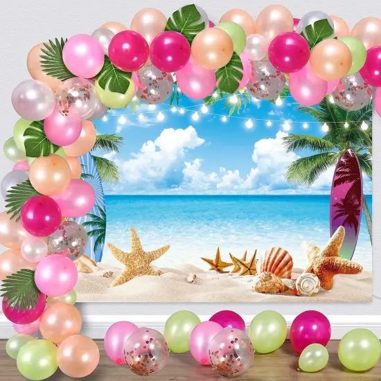 Summer Hawaiian Beach Backdrop Tropical Palm Flower Surfboard Starfish Glitter Beach Photography Background {3}