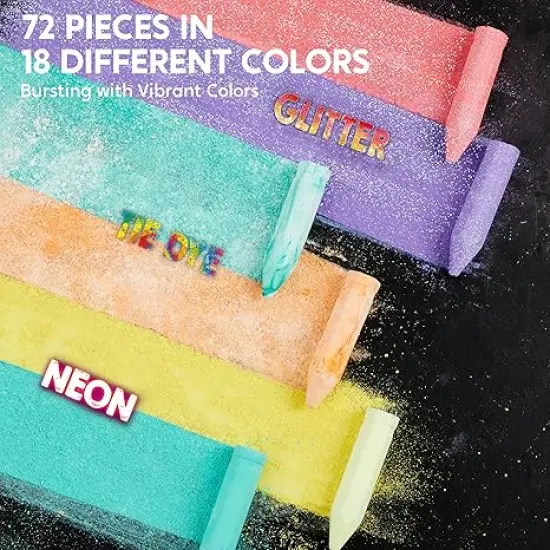 72 PCS Washable Sidewalk Chalks Set in 12 Packs, 18 Colors, Including 12 Tie Dye, 12 Glitter & 12 Neon Colors, School Supplies, Classroom Must Haves, Gift for Kids {2}