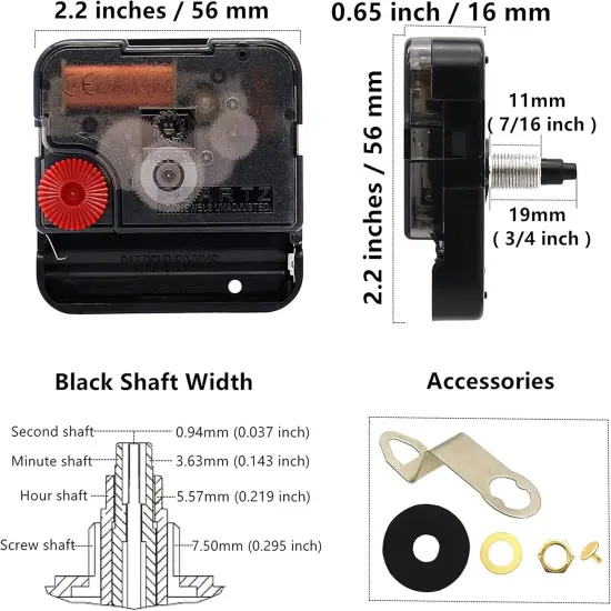 Movement for Clock Repair Replacement 19mm (3/4inch) Shaft Length 11mm (7/16 inch) Thread Length.(Black Shaft) 2.2"W x 2.2"H {2}