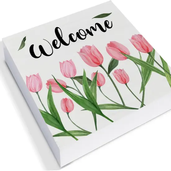 Flower Tulips Summer Tabletop Decor Welcome Wood Box Sign Art Blocks Desk Sign Rustic for Shelf Tabletop Home Decor 5 X 5 Inch {3}