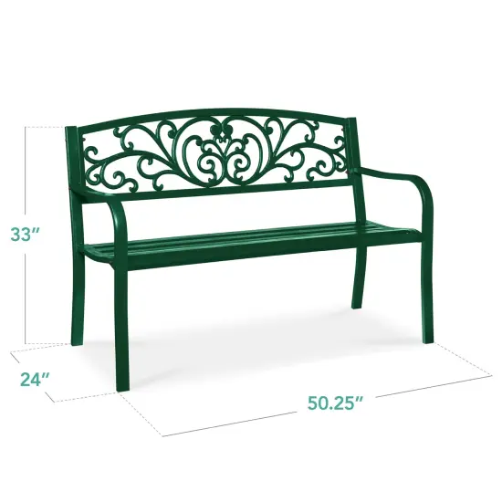 Best Choice Products Outdoor Steel Bench Garden Patio Porch Furniture w/ Floral Design Backrest Dark Green {2}