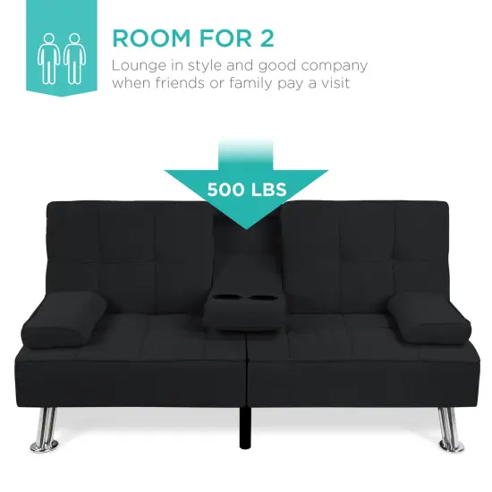 Best Choice Products Modern Linen Convertible Futon Sofa Bed w/ Removable Armrests, Metal Legs, Cupholders Black {3}