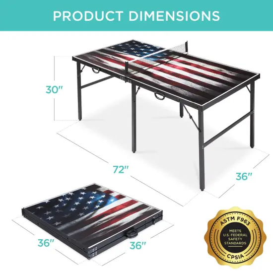Best Choice Products 6x3ft Portable Ping Pong Table Game Set, Folding Table Tennis w/ 2 Paddles, Balls American Flag {2}