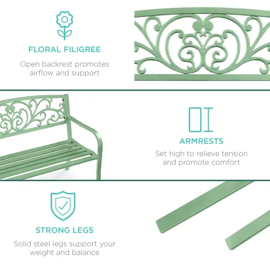 Best Choice Products Outdoor Steel Bench Garden Patio Porch Furniture w/ Floral Design Backrest Mint Green {6}