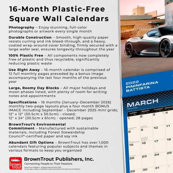 Supercars | 2026 12 x 24 Inch (Hanging) Monthly Square Wall Calendar | Plastic-Free {6}