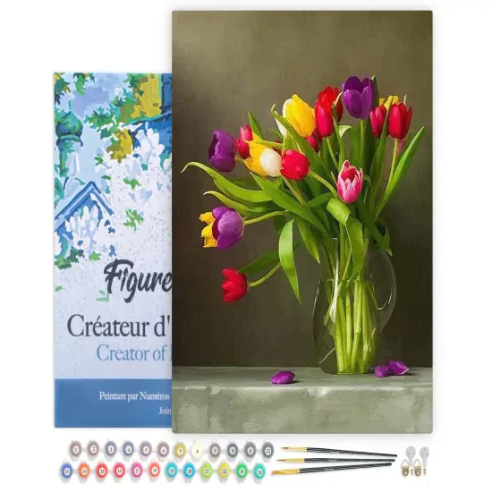 Figured'Art Paint by Numbers for Adults with Frame Multicolored Flowers 16"x20" - Craft Art Painting DIY Kit Canvas Already Stretched on a Wooden Frame {1}