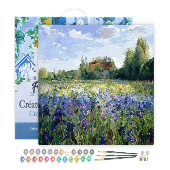 Figured'Art Paint by Numbers for Adults with Frame Countryside field and Blue Flowers 16"x20" - Craft Art Painting DIY Kit Canvas Already Stretched on a Wooden Frame {1}