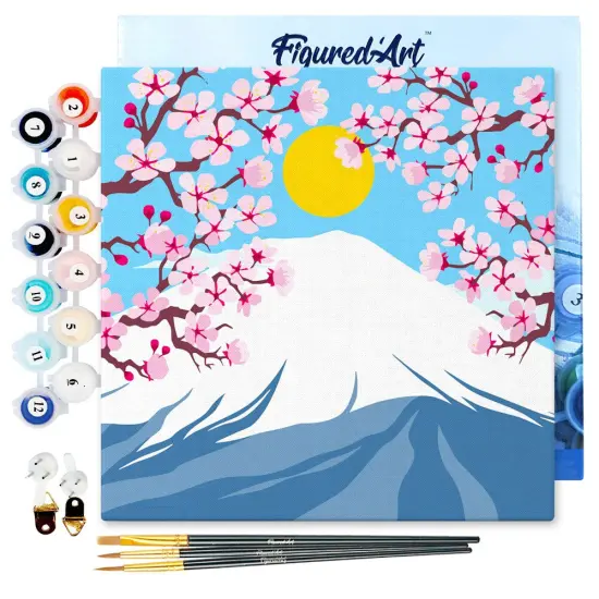 Figured'Art Mini Paint by Numbers Kit for Adults with Frame Cherry blossom and Mount Fuji Small format 8"x8" - Craft Art Painting DIY Canvas Already Stretched on a Wooden Frame {1}