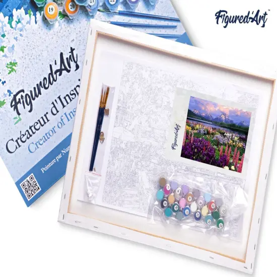 Figured'Art Paint by Numbers Kit for Adults with Frame Flowers and Lake near the Mountain 16"x20" - Craft Art Painting DIY Kit Canvas Already Stretched on a Wooden Frame {5}