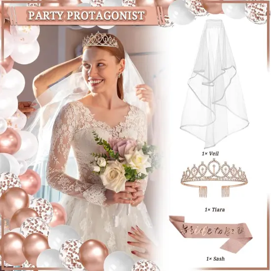 274 Pcs Rose Gold Bridal Shower Decorations, Bachelorette Party Decorations Favors - "BRIDE TO BE" Banner, Veil, Balloon, Photo Props, Tableware with Rose Gold for 25 Guests {3}