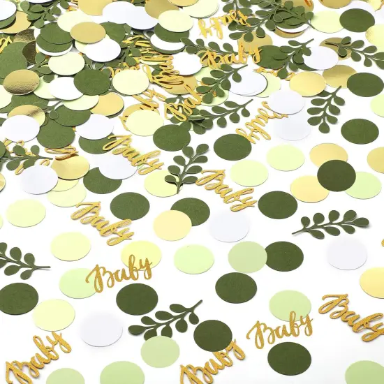 400 Pcs Greenery Baby Shower Confetti Scatter Decorations Green Brown White Table Confetti Dots with Eucalyptus and Gold Scatter for Baby Shower Gender Reveal Decor {1}