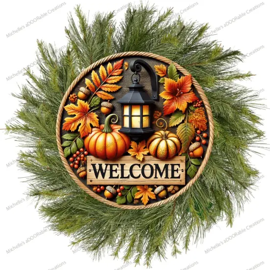 Fall Foliage Lantern Welcome Round Sign {4}