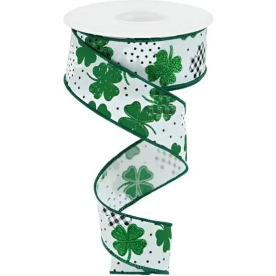 1.5" Pattern Shamrock Ribbon: White (10 Yards) {1}