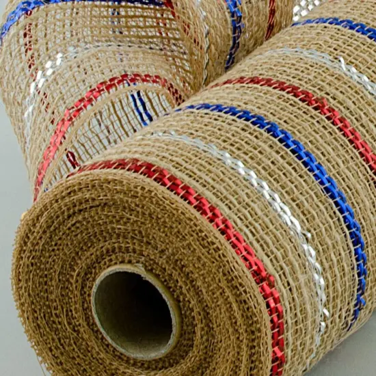 10" Poly Jute Deco Mesh Ribbon: Natural Patriotic Metallic Foil Stripes {3}