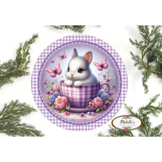 Purple Plaid Check Easter Spring Bunny Teacup Sign {1}