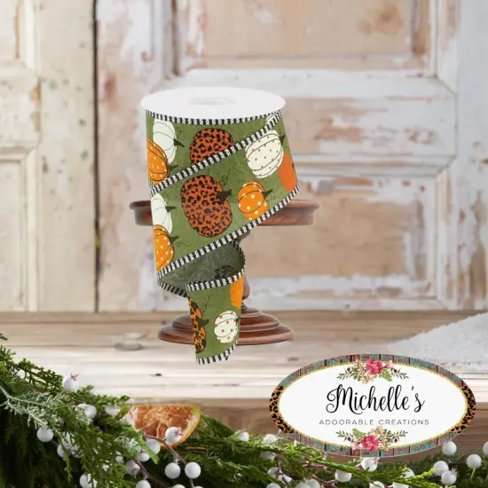 2.5" Leopard Pumpkins Stripe Edge: Moss Green (10 Yards) {4}