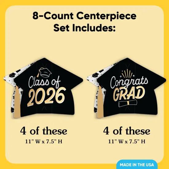 Big Dot of Happiness 8 Count Black and Gold Graduation 3D Centerpiece Table Decorations, Freestanding Class of 2025 Grad Party Centerpieces {5}