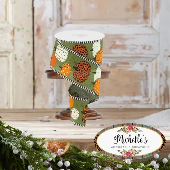 2.5" Leopard Pumpkins Stripe Edge: Moss Green (10 Yards) {2}