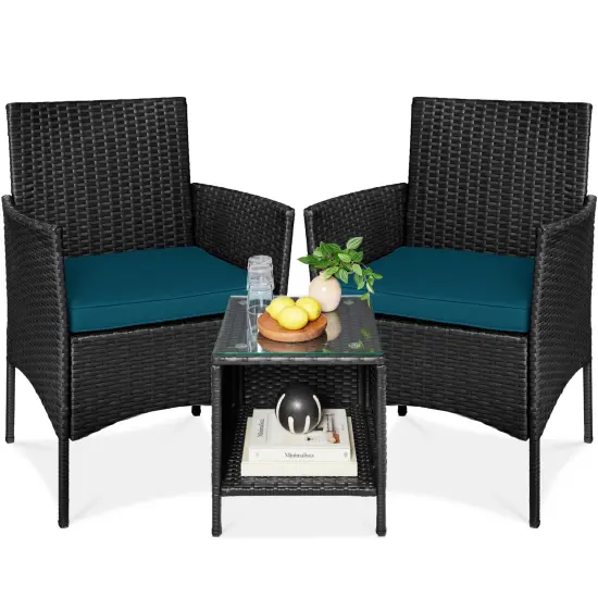 Best Choice Products 3-Piece Outdoor Wicker Conversation Patio Bistro Set, w/ 2 Chairs, Table Black/Peacock {2}