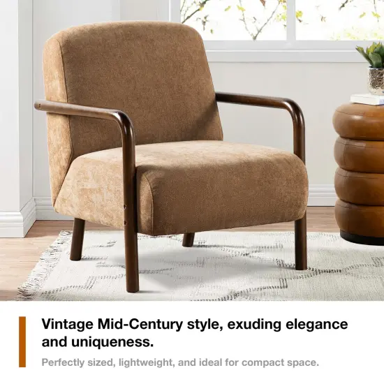 Mid-Century Modern Brown Fabric Thick Armchair with Walnut Rubberwood Frame {6}