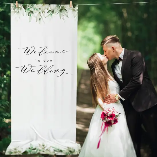 Greenery Welcome Arch Reception Backdrop Rustic Linen Fabric Wedding Sign {4}