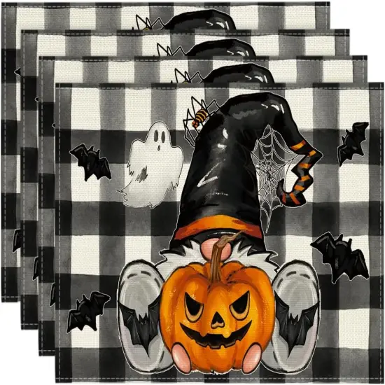 Set of 4 Buffalo Plaid Gnome Pumpkin Halloween Placemats - 12x18 Inch (Black/Beige) {1}