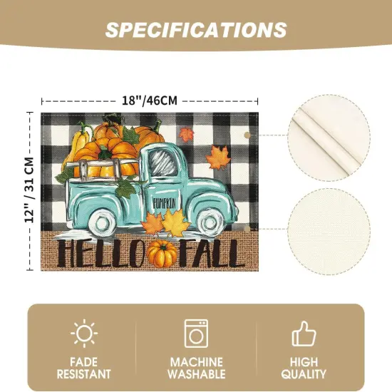 Set of 4 Buffalo Plaid Truck Hello Fall Placemats - 12x18 Inch (Black/Beige) {5}