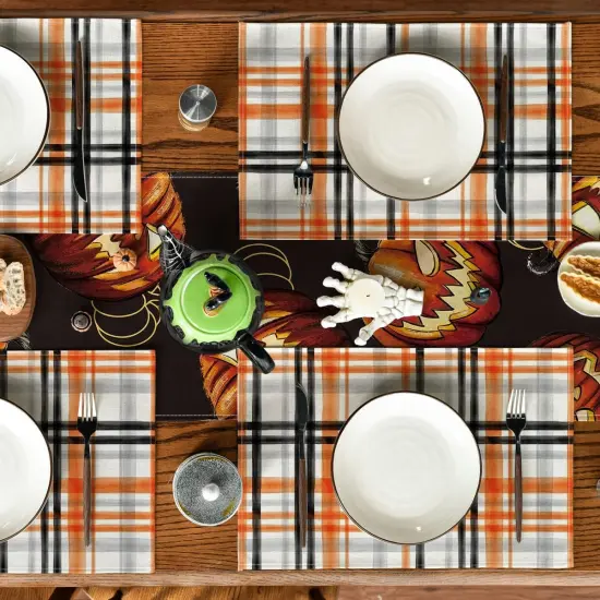 Set of 4 Orange and Black Buffalo Plaid Fall Placemats - 12x18 Inch {4}