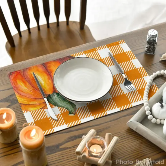 Set of 4 Hello Fall Pumpkin Maple Leaves Placemats - 12 x 18 Inch (Orange) {4}