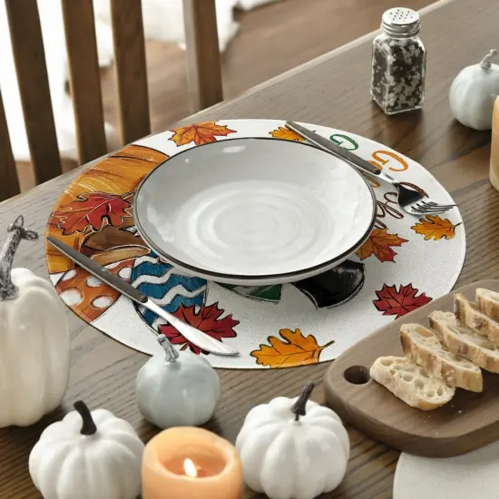 Set of 4 Gobble Turkey Maple Leaves Thanksgiving Placemats - 15 Inch (Brown/Beige) {3}