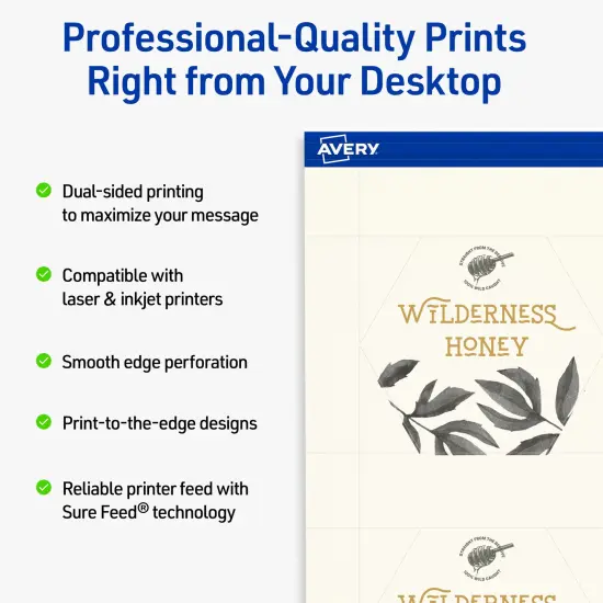 Avery Printable Hexagon Business Cards, Sure Feed Technology, 2-1/2" x 2-9/10", Matte Ivory Cardstock, Print-to-The-Edge, Laser/Inkjet Printable, 60 Total {2}
