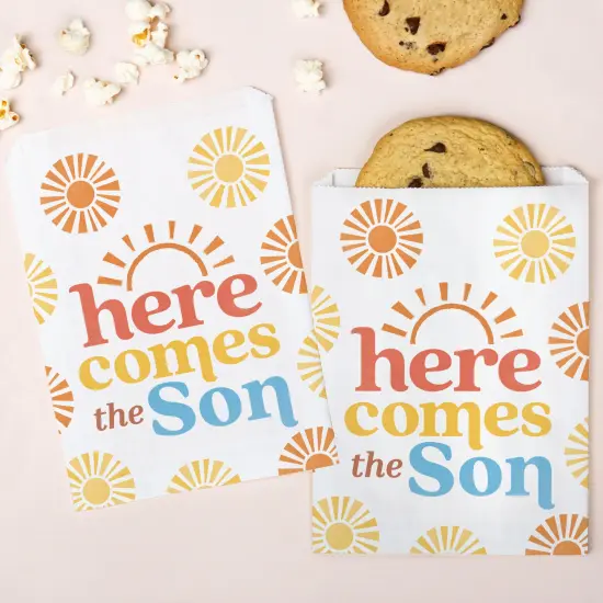 Big Dot of Happiness Here Comes the Son Paper Treat Bags, Boho Individual Candy Snack Favors, Greaseproof White Sandwich Cookie Bags - 25 Count {1}