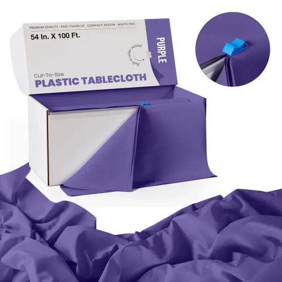 Exquisite Party Solids 54" x 100' Plastic Table Cover Roll with Slide Cutter &ndash; Cut-to-Size Dispenser Box &ndash; Makes Up to 36 Disposable 8' Rectangle Tablecloths Purple {2}