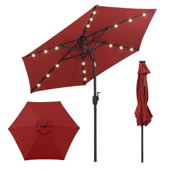 Costway 7.5 ft Solar Powered Patio Umbrella with LED Lights Push Button Tilt Crank Handle Beige/Gray/Navy/Black/Brown/Red {11}