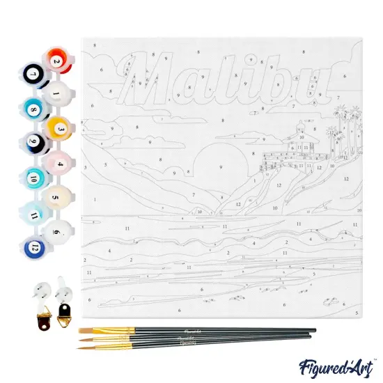 Figured'Art Mini Paint by Numbers Kit for Adults with Frame Travel Poster Malibu Small format 8"x8" - Craft Art Painting DIY Canvas Already Stretched on a Wooden Frame {4}