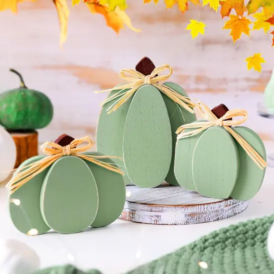 3 Pcs Fall Pumpkin Decor Fall Wooden Signs 3D Pumpkin Tabletop Decor (Green Color) {2}
