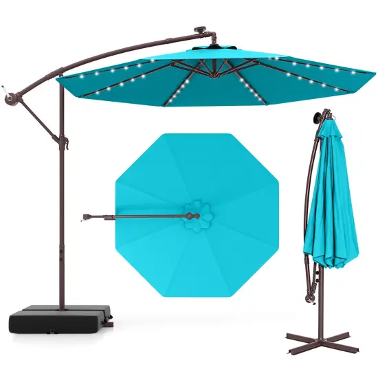 Costway Patio 10FT Hanging Offset Umbrella 32 LED Lights Sand Bag Outdoor Cross Base Beige/Turquoise/Dark Gray/Wine/Coffee/Navy {10}