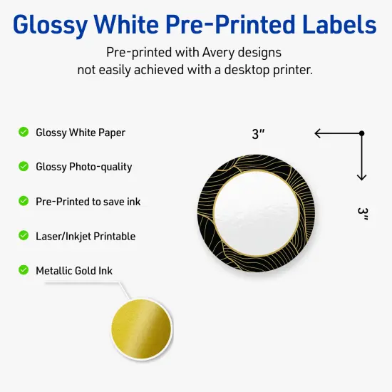 Avery Printable Round Labels with Sure Feed Technology, Pre-Printed Black Border with Gold Pattern, Glossy White, 3" Diameter, Laser & Inkjet Compatible, 60 Total {2}