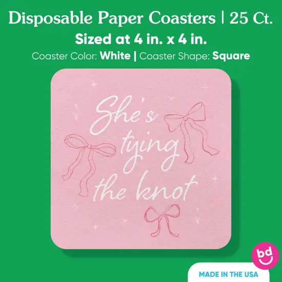 Big Dot of Happiness 25 Ct She's Tying the Knot Drink Coasters, 4-Inch Disposable Square Paper Coasters for Pink Bows Bridal and Bachelorette Party {5}