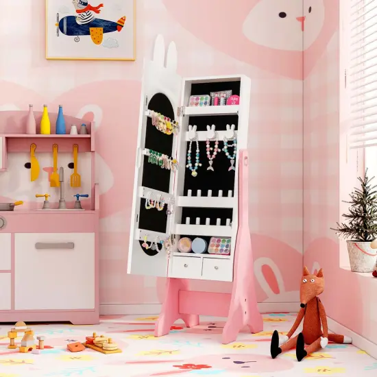 Costway Kids Vanity Set Princess Makeup Dressing Table and Chair Set with Jewelry Armoire White/Pink {11}