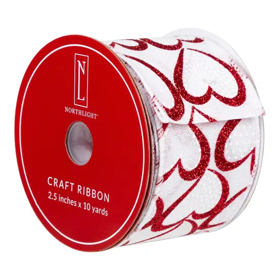 Northlight Glitter Hearts Valentine's Wired Craft Ribbon - 2.5" x 10 Yards - White and Red {6}