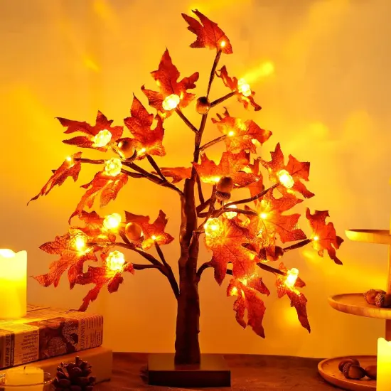 2 Pcs Thanksgiving Fall Artificial Maple Tree with 24 LED Lights and Timer {2}