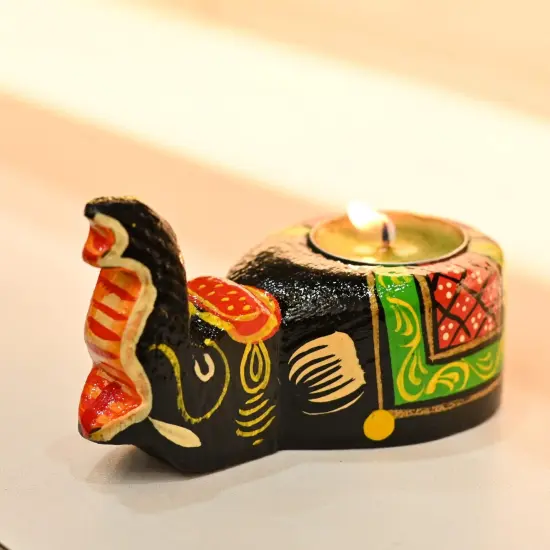 Wooden Elephant Tealight Candle Holder Handpainted Sitting Elephant T-light Table Top Decorative Showpiece Home Living Room Office Decor Indian Festival Housewarming Diwali Return Gifts {1}