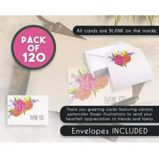 Thank You Cards, Floral Watercolor Bulk Set with Envelopes (5.1 x 3.7 In, 120 Pack) Multicolor {4}