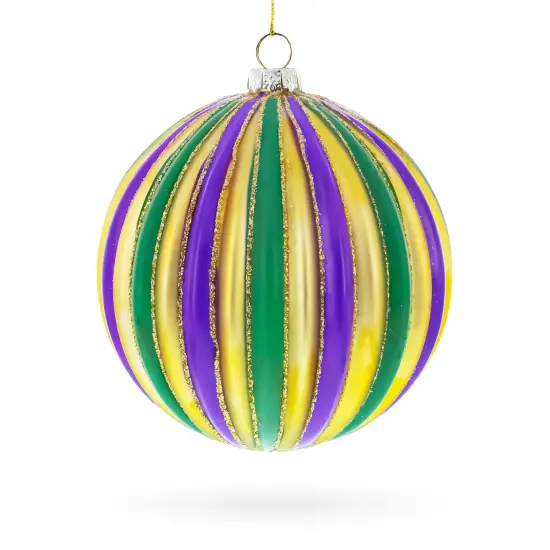 Striped Purple, Green, and Gold Glass Ball Christmas Ornament {1}
