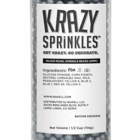 Krazy Sprinkles - Silver Pearl 4mm Beads (1/2 Cup, 1x Jar) for Cakes, Ice Cream & Cookies {5}