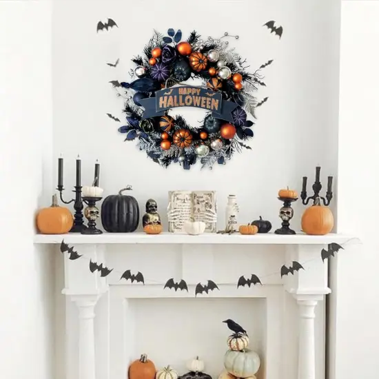 Halloween Glitter Pumpkin Wreath with Balls & Berries, Black Roses {2}