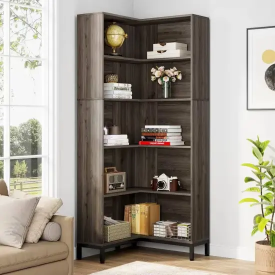 71" Dark Grey Wood Freestanding Corner Etagere Bookshelf with Closed Back and 5-Tier Shelves {4}