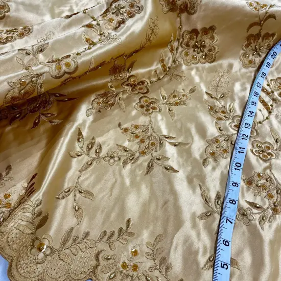 1 Yard Beaded Bridal Lace Fabric Embroidered Floral Satin Gown Couture 54" Width Navy {5}