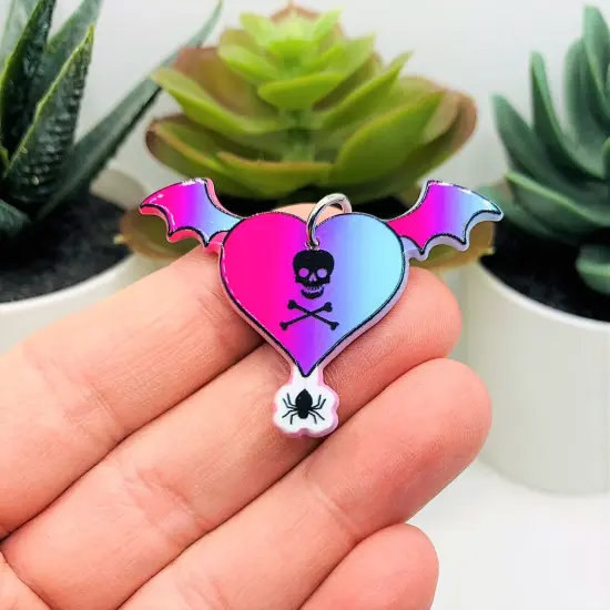 Punk Valentine's Day Heart with Bat Wings Charms, 34x45mm {2}